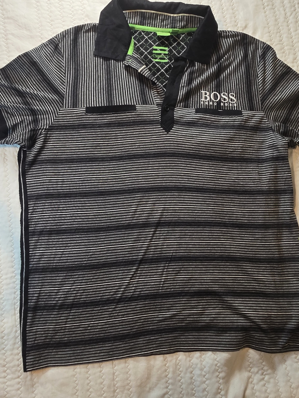 Boss Men’s Black & Gray Striped Polo with Contrast Collar